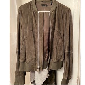 AMAZING Theory Leather Suede Olive Green Bomber Jacket